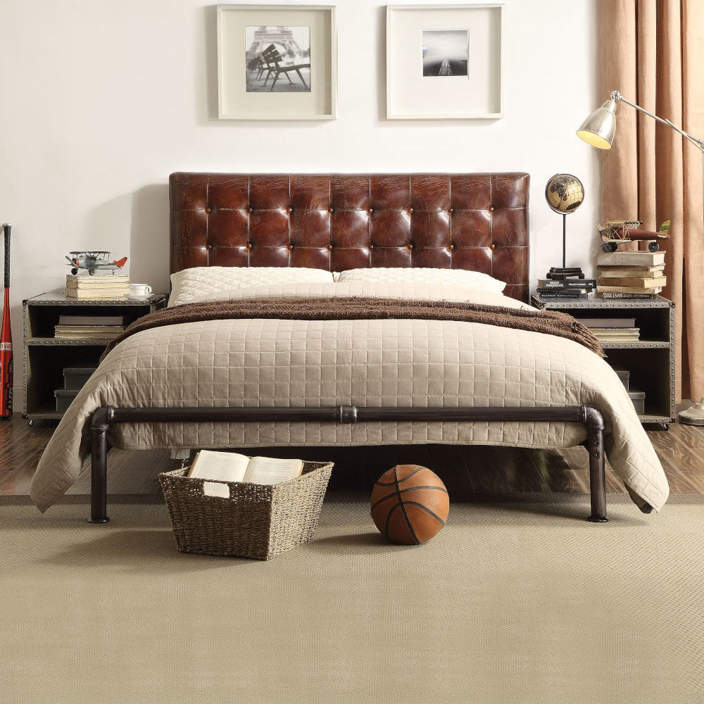 ACME Brancaster Vintage Brown Top Grain Leather Queen Bed Model 26210Q