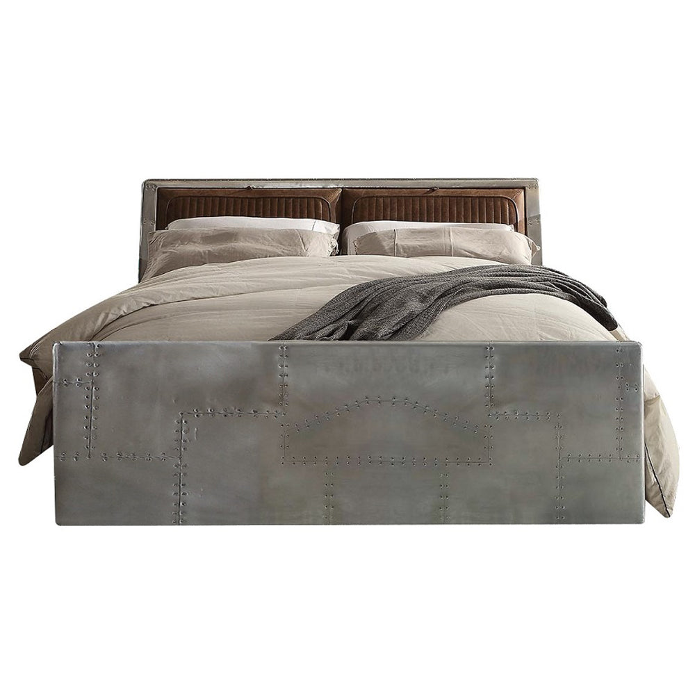 ACME Brancaster Retro Brown Top Grain Leather & Aluminum Queen Bed Model 26220Q