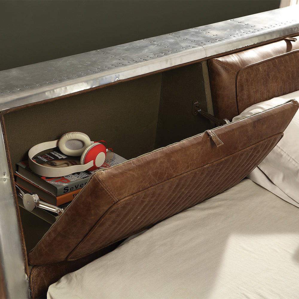 ACME Brancaster Retro Brown Top Grain Leather & Aluminum Queen Bed Model 26220Q