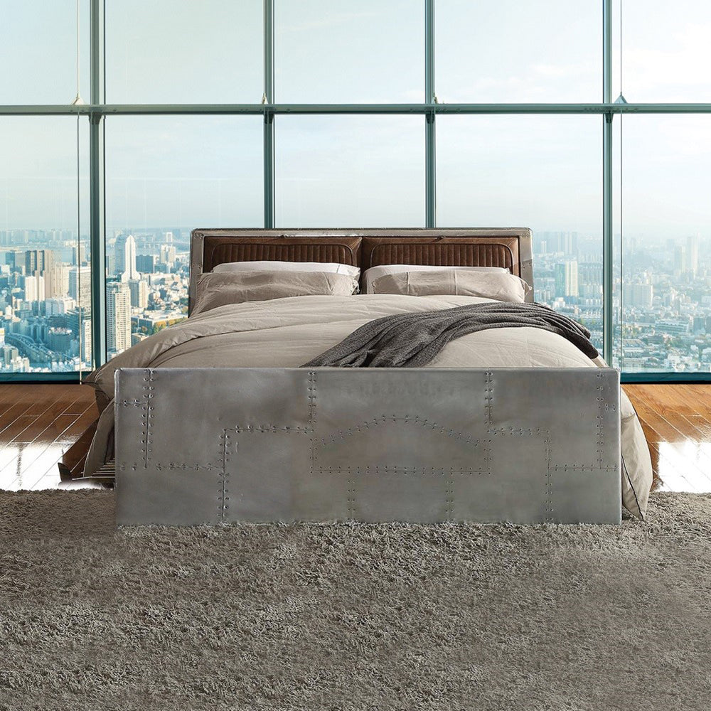 ACME Brancaster Retro Brown Top Grain Leather & Aluminum Queen Bed Model 26220Q