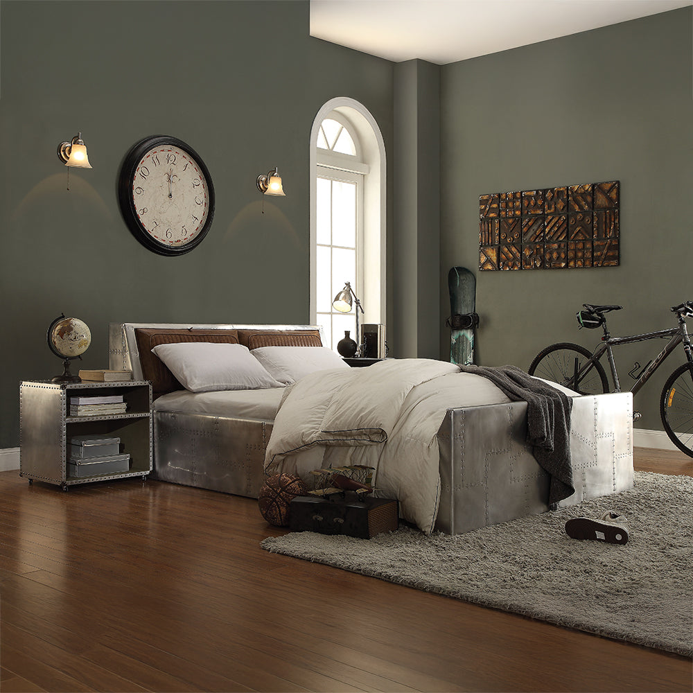 ACME Brancaster Retro Brown Top Grain Leather & Aluminum Queen Bed Model 26220Q