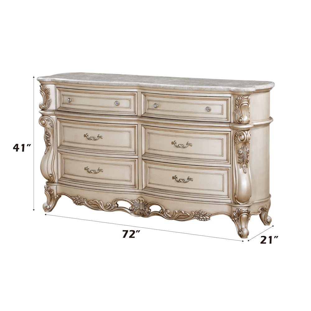 ACME Gorsedd Natural Marble Top & Golden Ivory Dresser Model 27445
