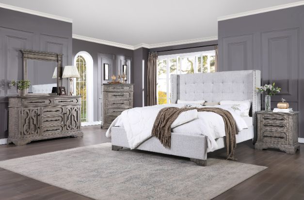 ACME Artesia Tan Fabric & Salvaged Natural Eastern King Bed Model 27697EK