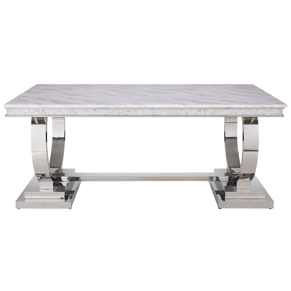 ACME Zander White Engineered Stone & Mirrored Silver Dining Table Model 68250