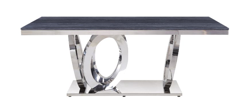 ACME Nasir White Engineered Stone & Mirrored Silver Dining Table Model 68255