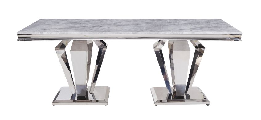 ACME Satinka Light Gray Engineered Stone & Mirrored Silver Dining Table Model 68265
