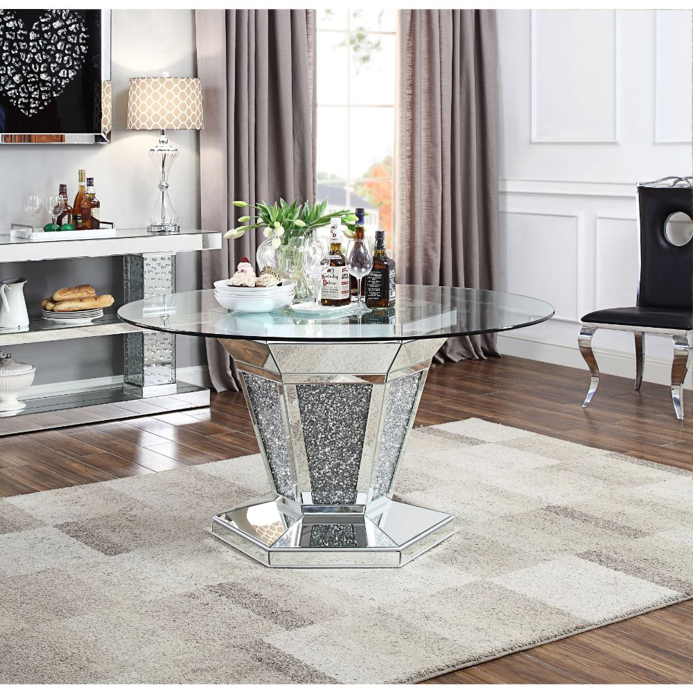 ACME Noralie Mirrored Faux Diamonds & Clear Glass Dining Table Model 71285