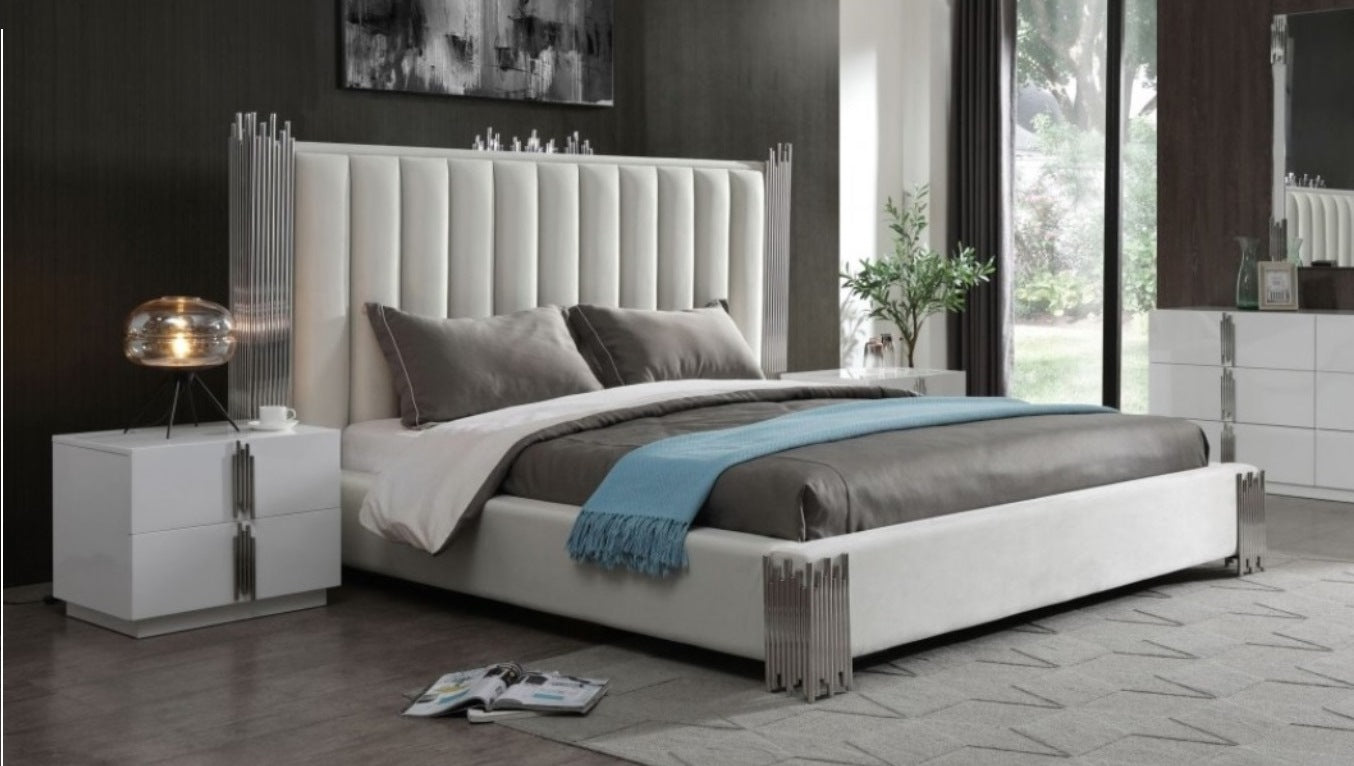 Modrest Token Modern White & Stainless Steel Bed With Nightstands Model VGVCBD815-WHT-BED-2NS-SET