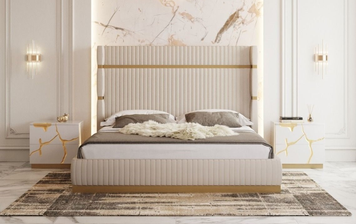 Modrest Sterling Modern Beige & Gold Bed With Nightstands Model VGVCBD1901-BEI-BED-2NS-SET