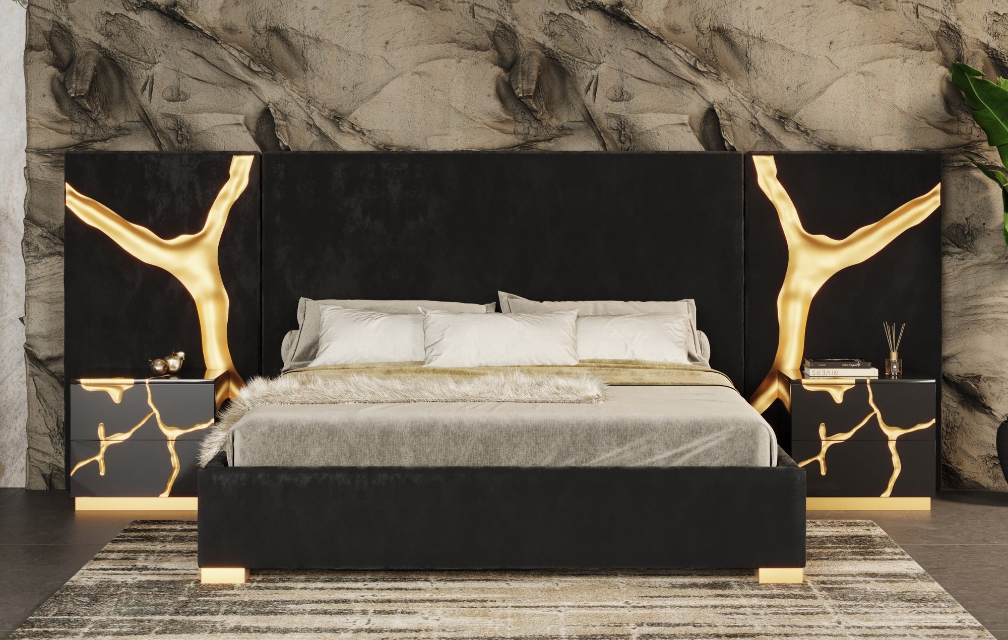 Modrest Aspen Modern Black & Gold Bed With Nightstands Model VGVCBD1801-BLK-BED-2NS-SET