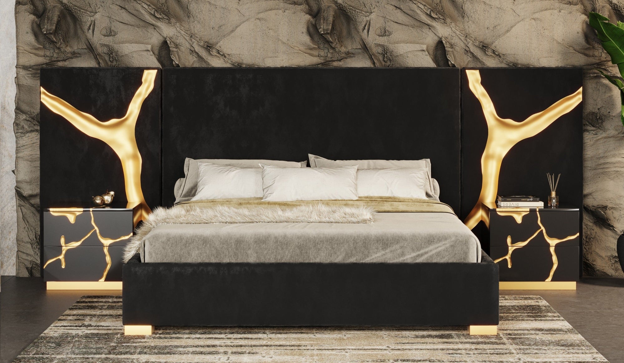 Modrest Aspen Modern Black & Gold Bed With Nightstands Model VGVCBD1801-BLK-BED-2NS-SET