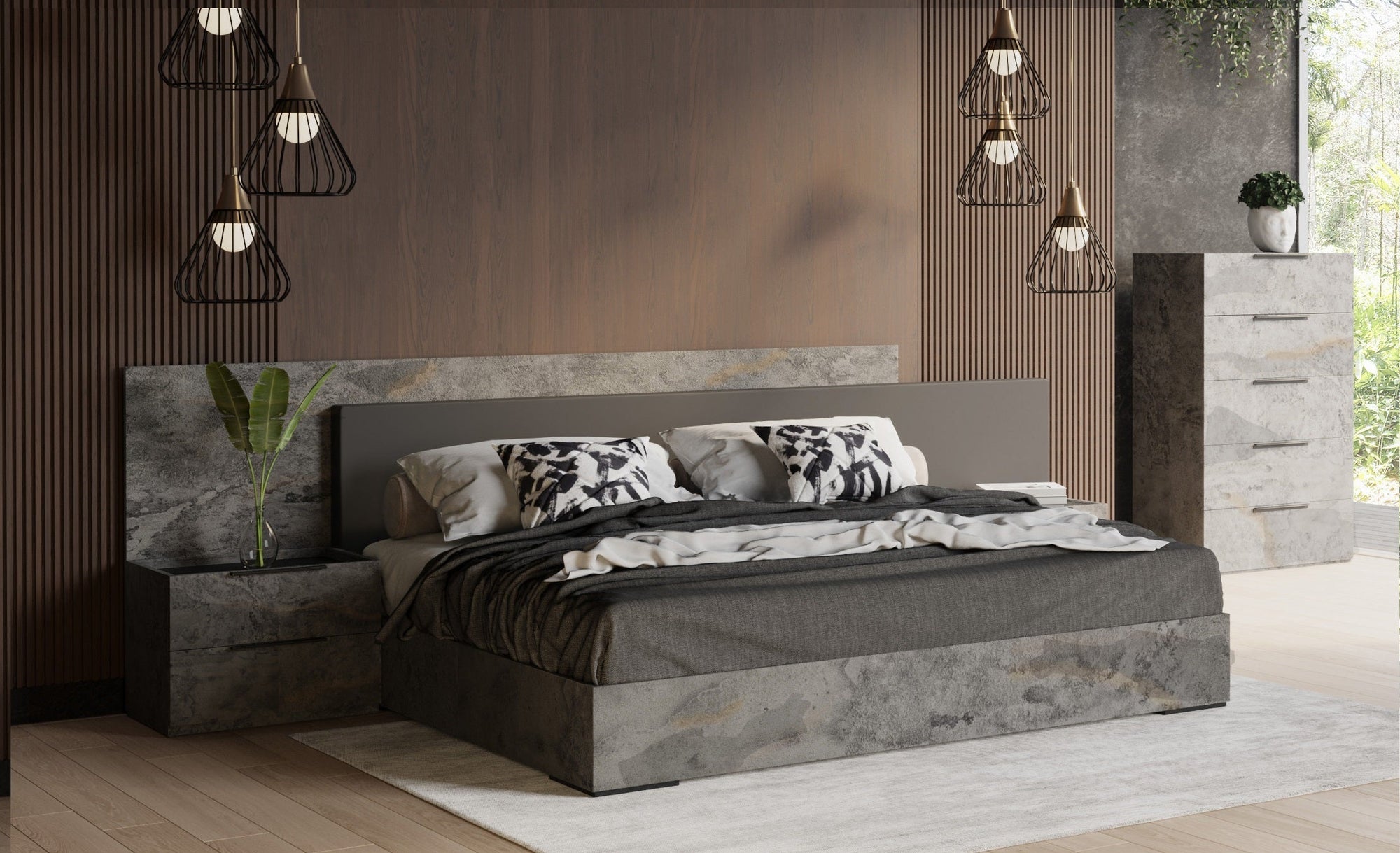 Nova Domus Ferrara Modern Volcano Oxide Grey Bed With Nightstands Model VGACFERRARA-BED-2NS-SET