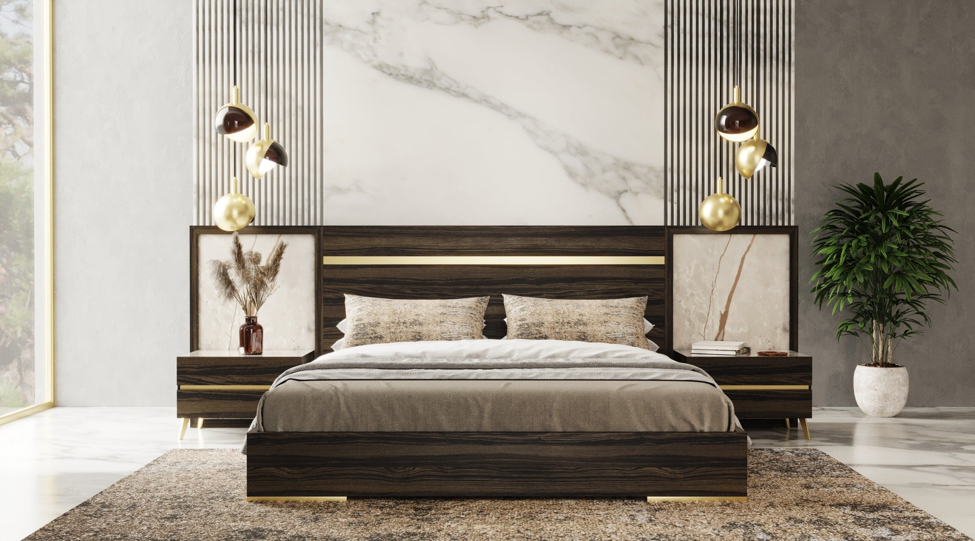 Nova Domus Velondra Modern Eucalypto & Marble Bed With Two Nightstands Model VGACVELONDRA-BED-2NS