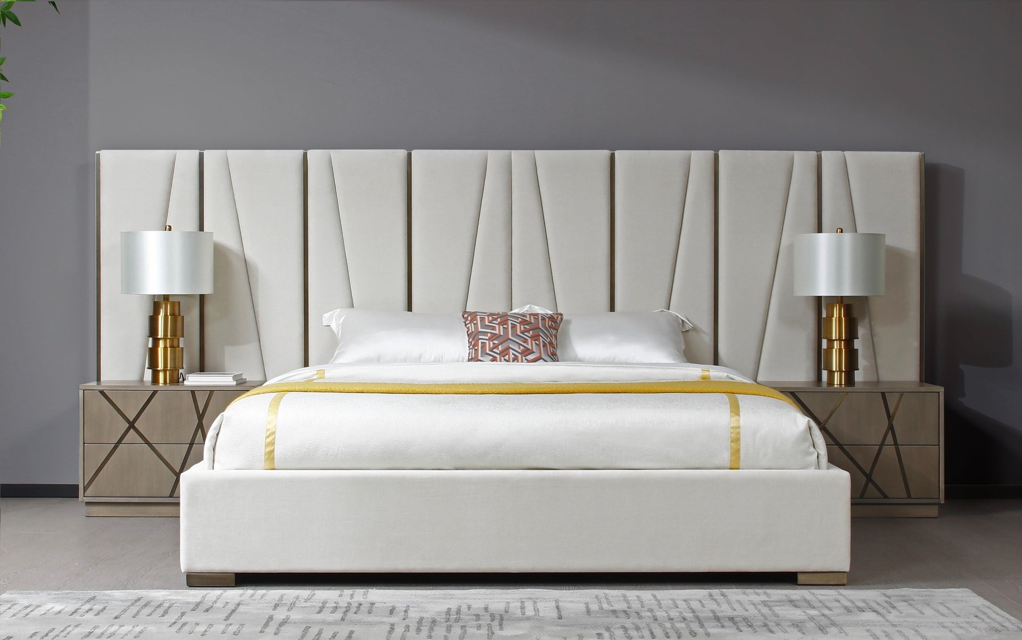 Modrest Nixa Modern Beige Velvet & Brushed Bronze Bed & Birch Nightstands Model VGVC-BD1909-BED-NS-BGE