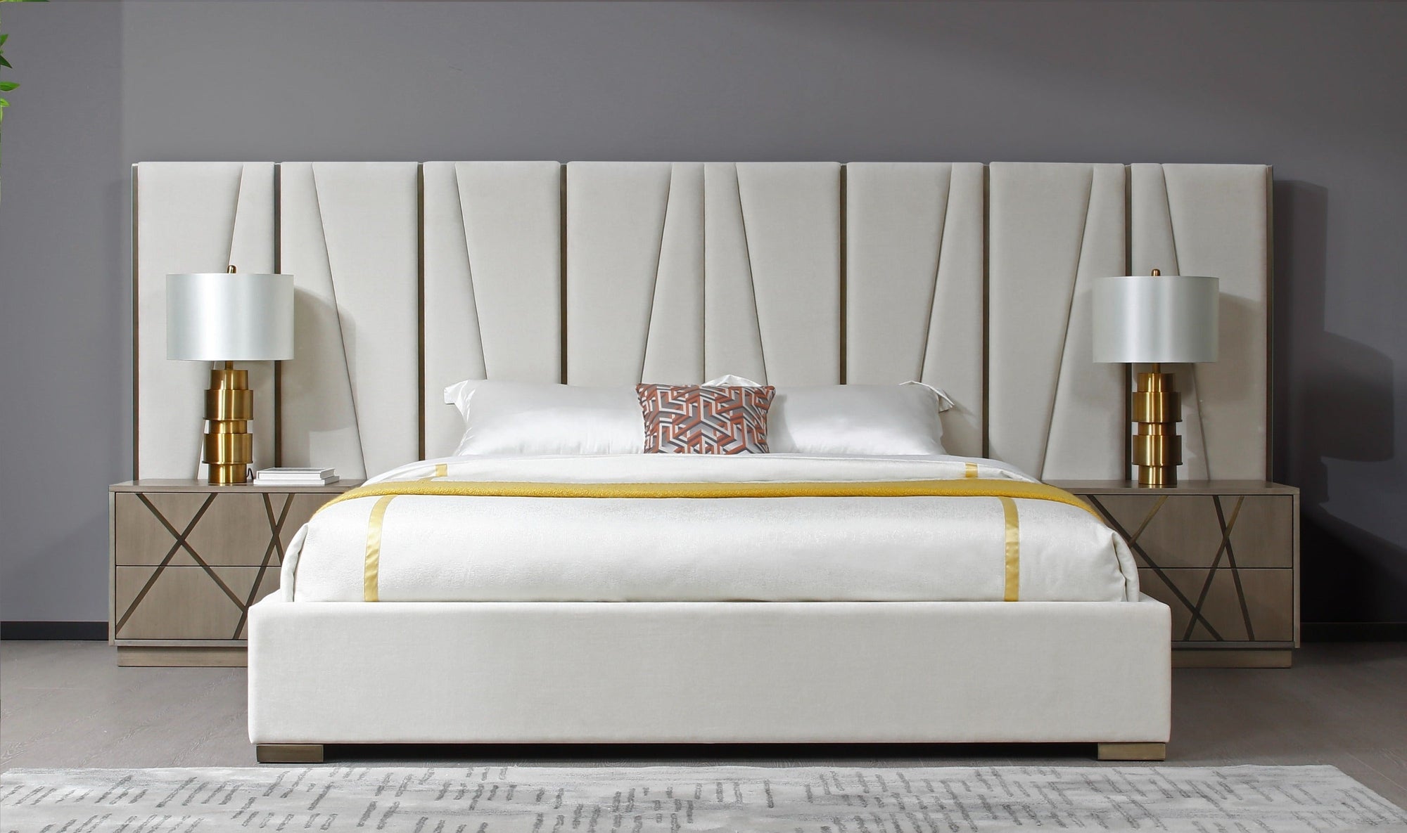Modrest Nixa Modern Beige Velvet & Brushed Bronze & Birch Bed With Nightstands Eastern Model VGVC-BD1909-BED-NS-BGE-EK