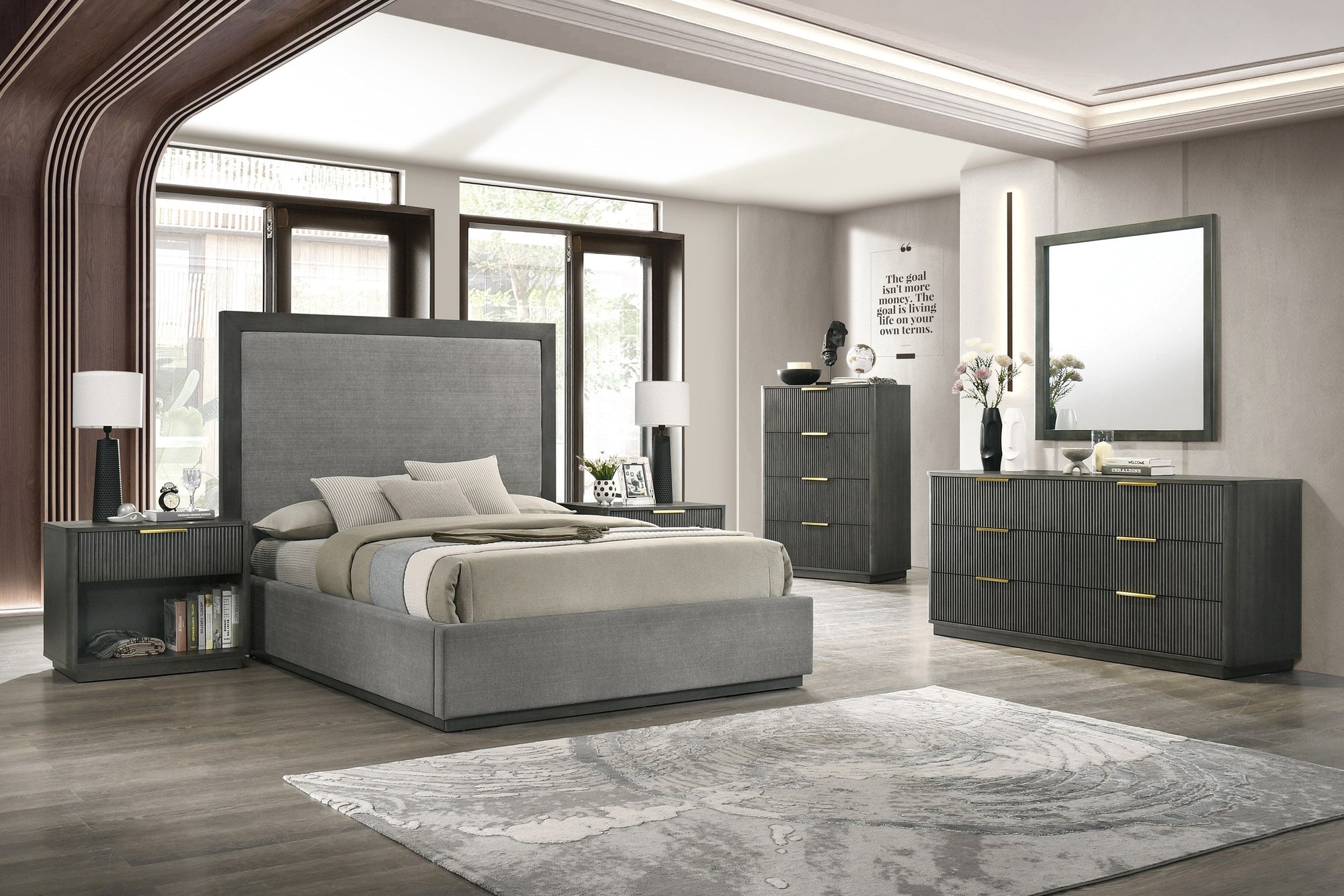 Eastern King Nova Domus Santa Barbara & Santa Monica Modern Grey Fabric & Grey Wash Bedroom Set Model VGMA-BR-152-BR-144-SET-GRY-EK