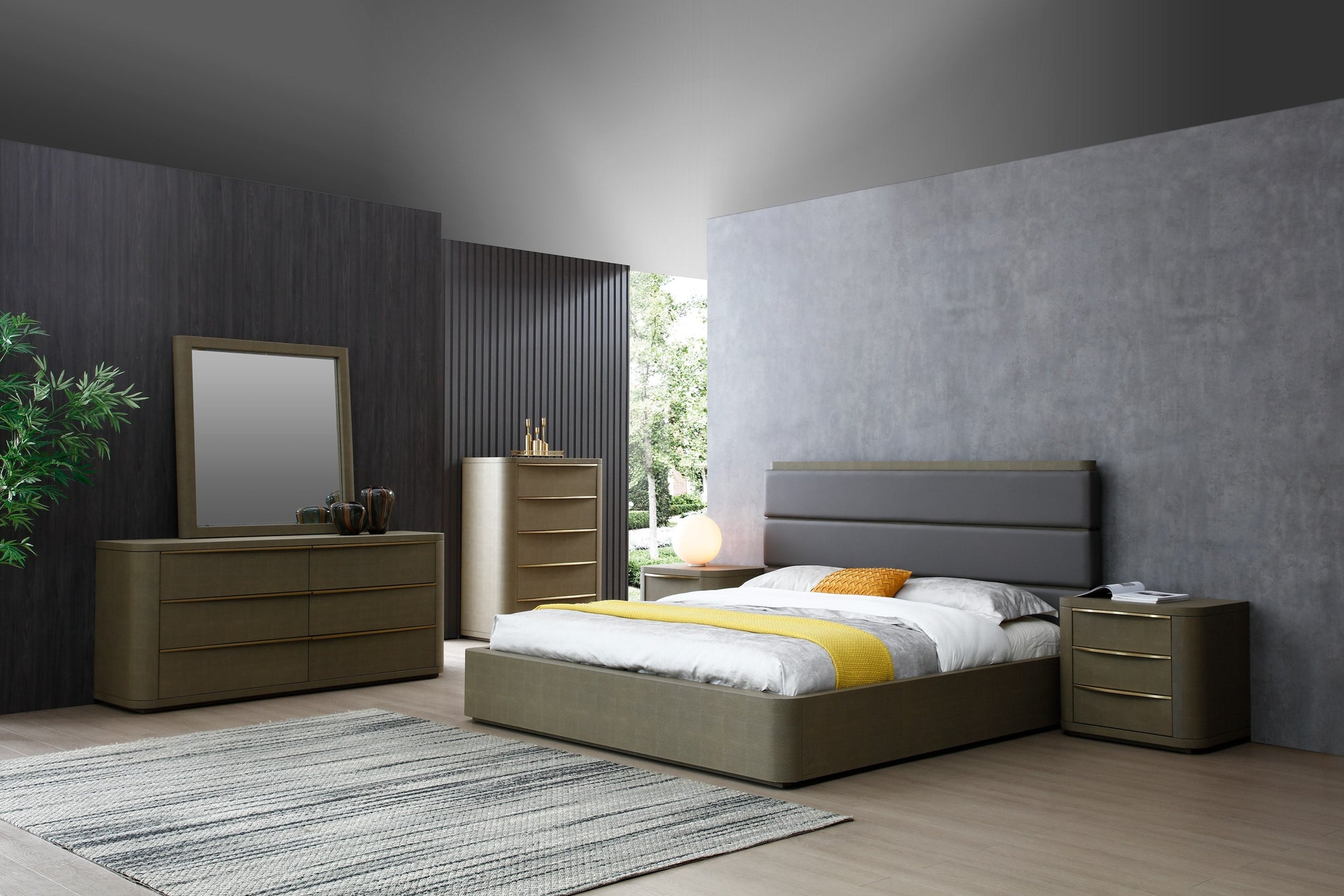 Eastern King Modrest Lois Modern Grey Leather & Beige Shagreen Bedroom Set Model VGVC-BD2408-SET-EK