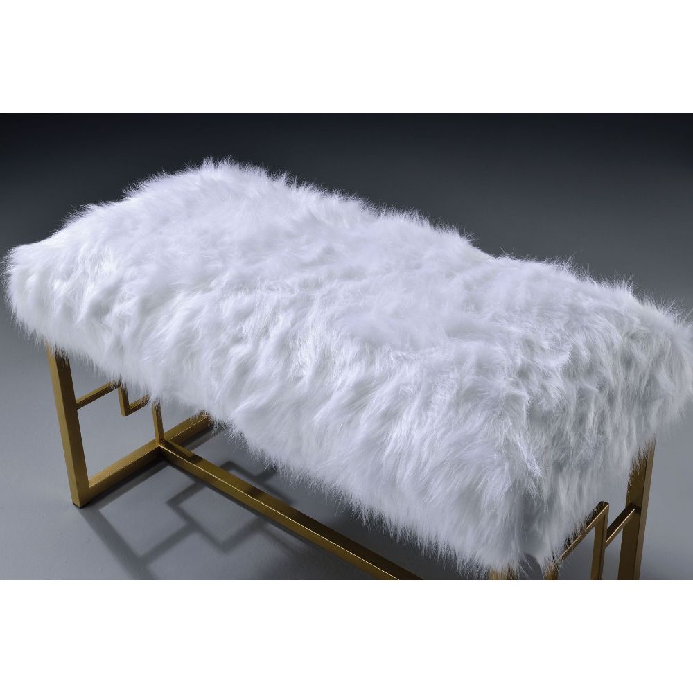 ACME Bagley II White Faux Fur & Gold Bench Model 96451