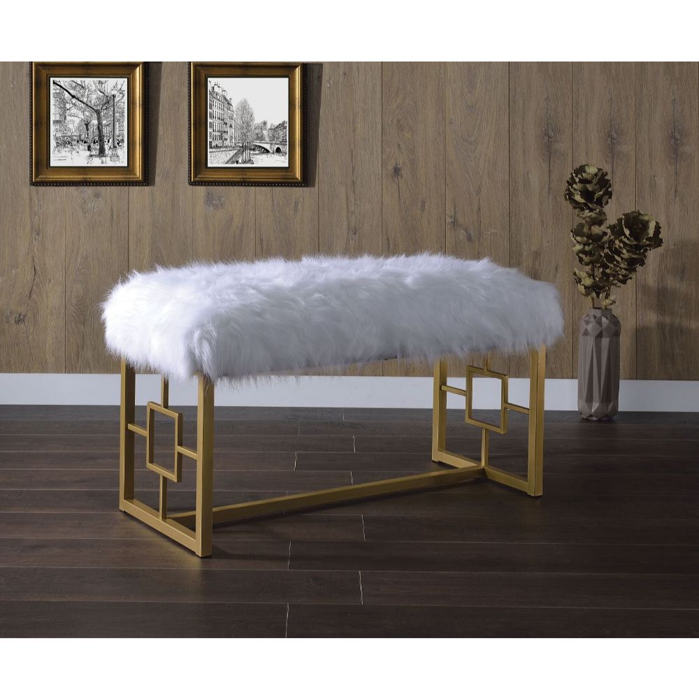 ACME Bagley II White Faux Fur & Gold Bench Model 96451