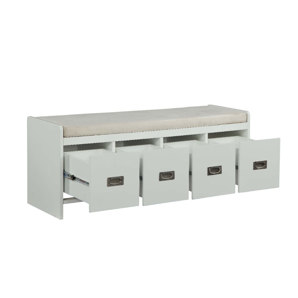 ACME Berci Beige Fabric & White Bench with Storage Model 96775