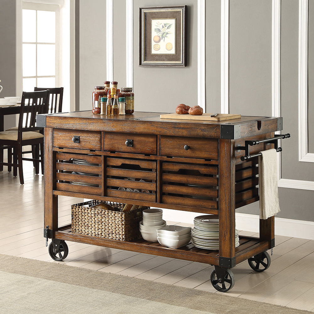 ACME Kaif Distressed Chestnut Kitchen Cart Model 98184
