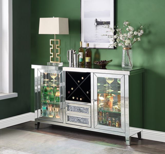 ACME Noralie Mirrored & Faux Diamonds Wine Cabinet with LED Model AC00525