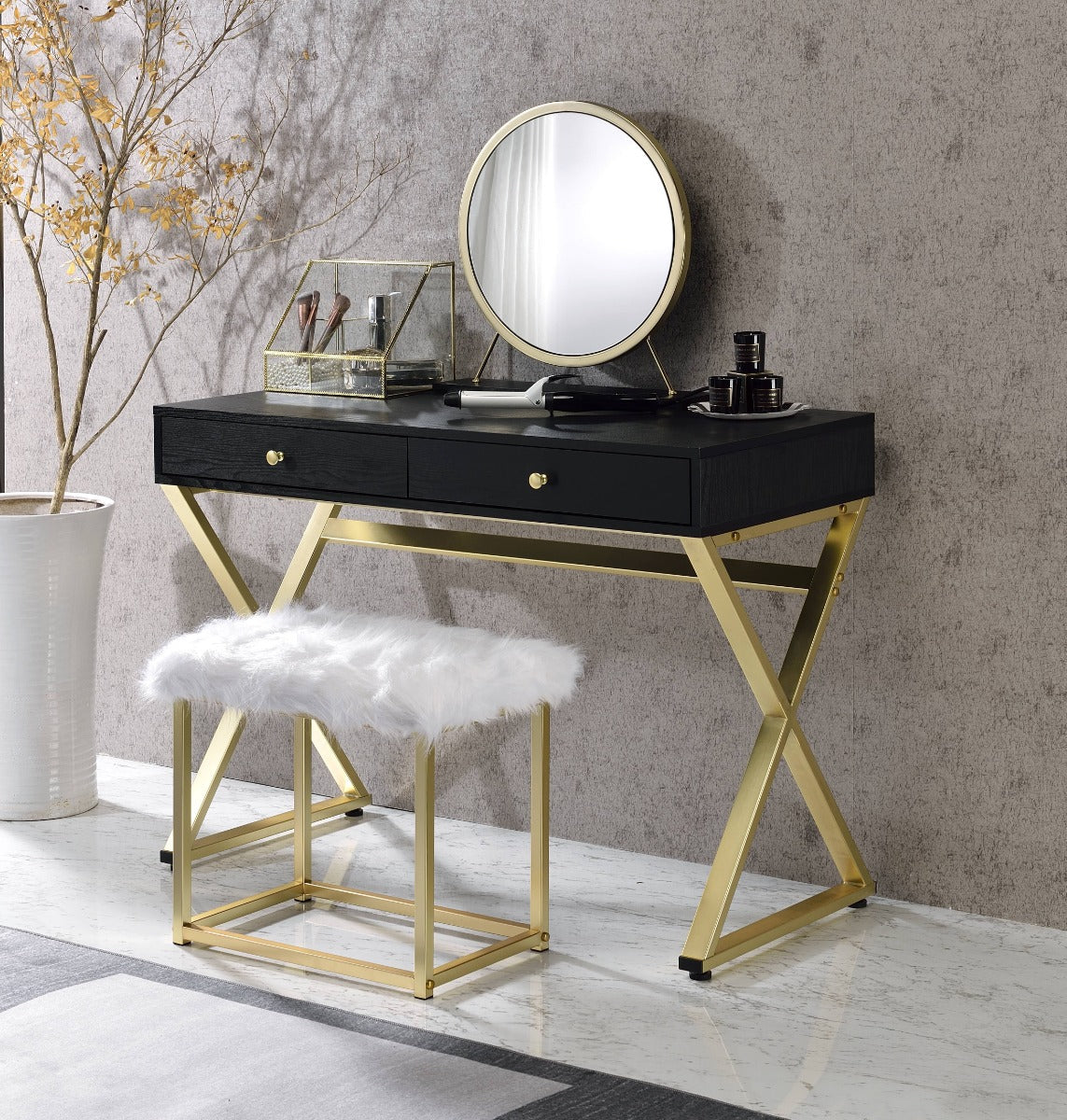 ACME Adao Faux Fur Mirror Black & Brass Vanity Mirror & Stool Model AC00931