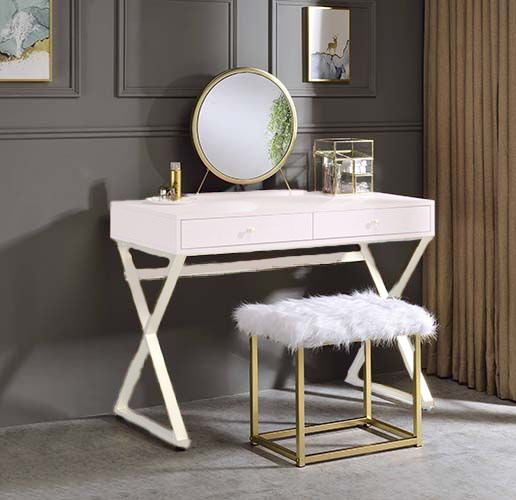ACME Adao Faux Fur Mirror Pink & Gold Vanity Mirror & Stool Model AC00934