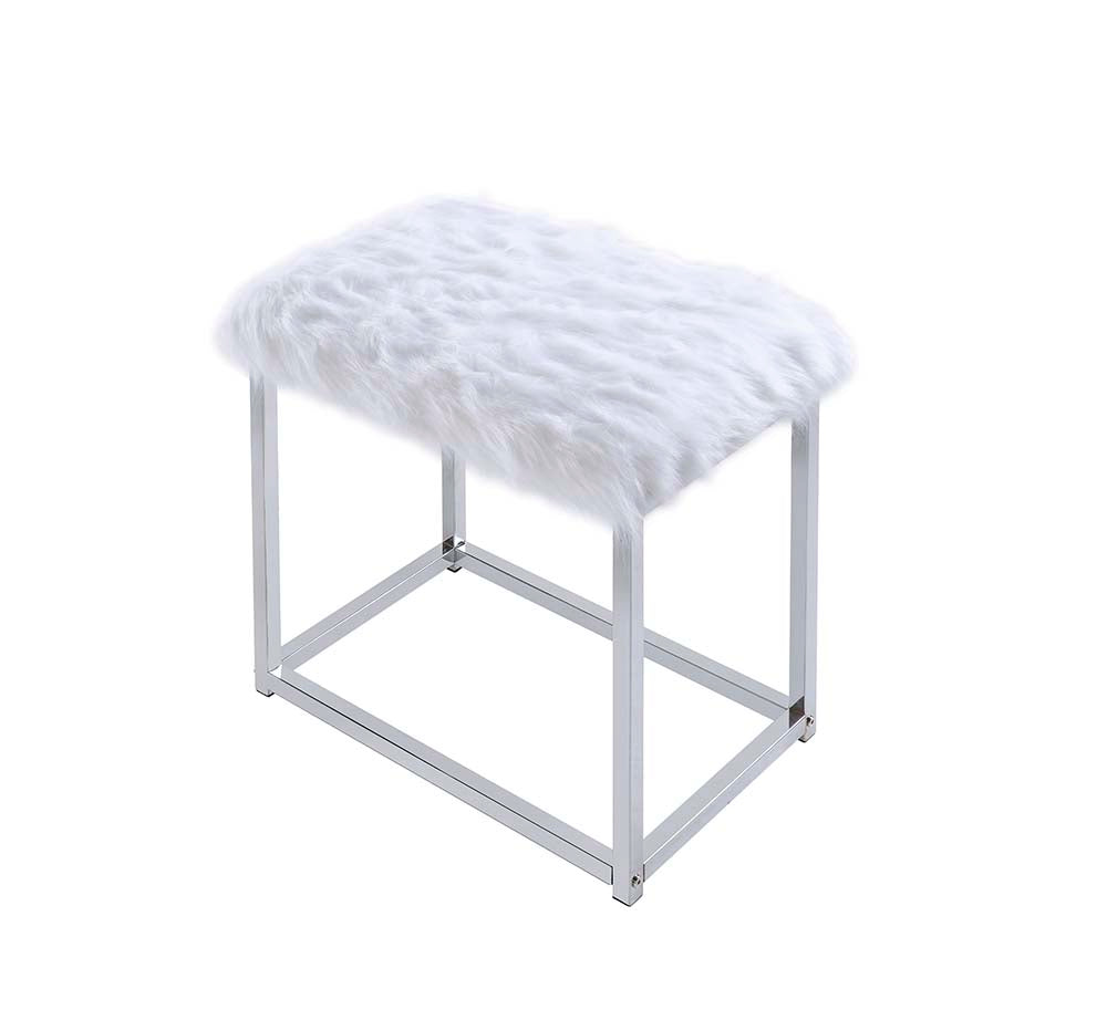 ACME Adao Faux Fur Mirror White & Chrome Vanity Mirror & Stool Model AC00935