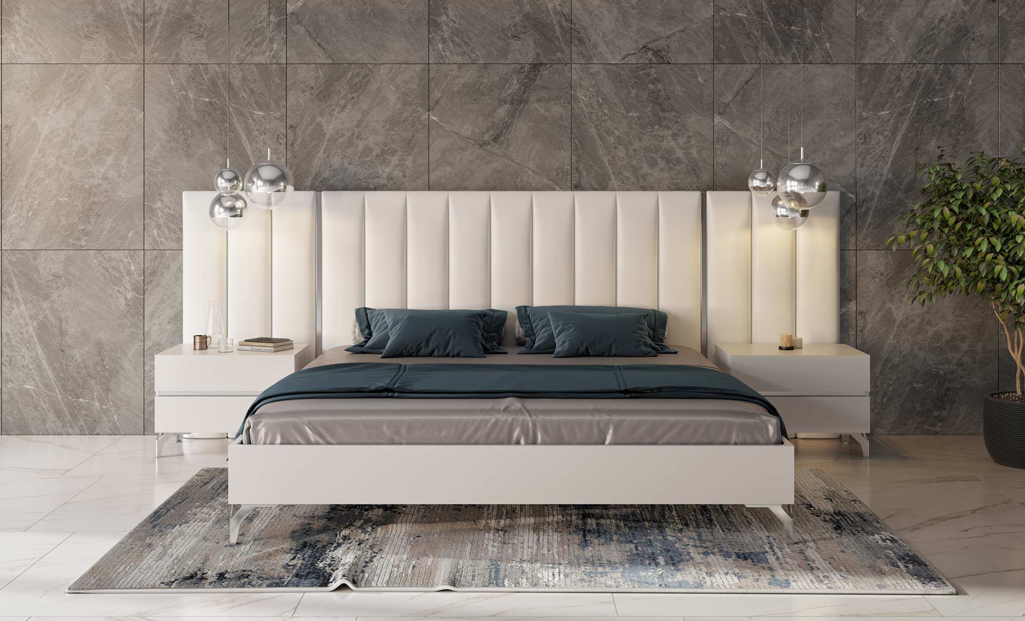 Nova Domus Angela Queen Italian Modern White Eco Leather Bed With Nightstands And Wings Model VGACANGELA-SET-WINGS-Q
