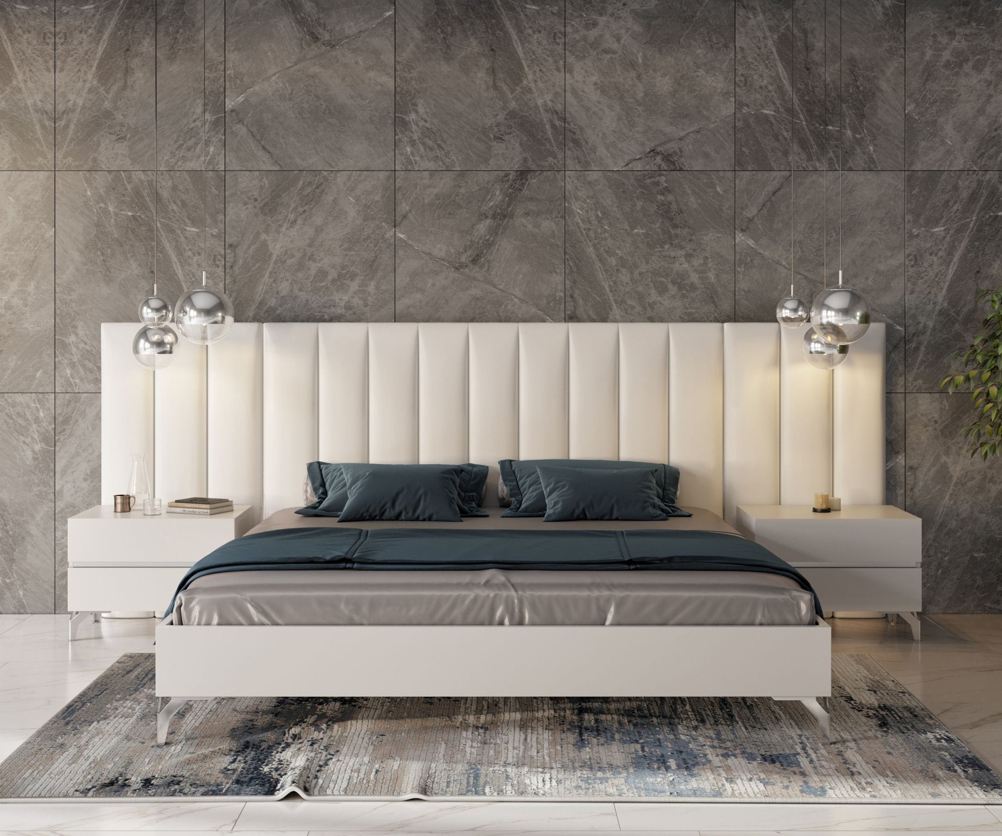 Nova Domus Angela Eastern King Italian Modern White Eco Leather Bed With Nightstands And Wings Model VGACANGELA-SET-WINGS-EK