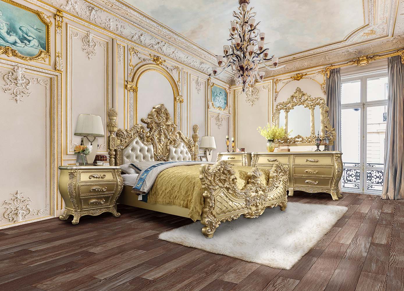 ACME Cabriole Light Gold Synthetic Leather & Gold Eastern King Bed Model BD01463EK