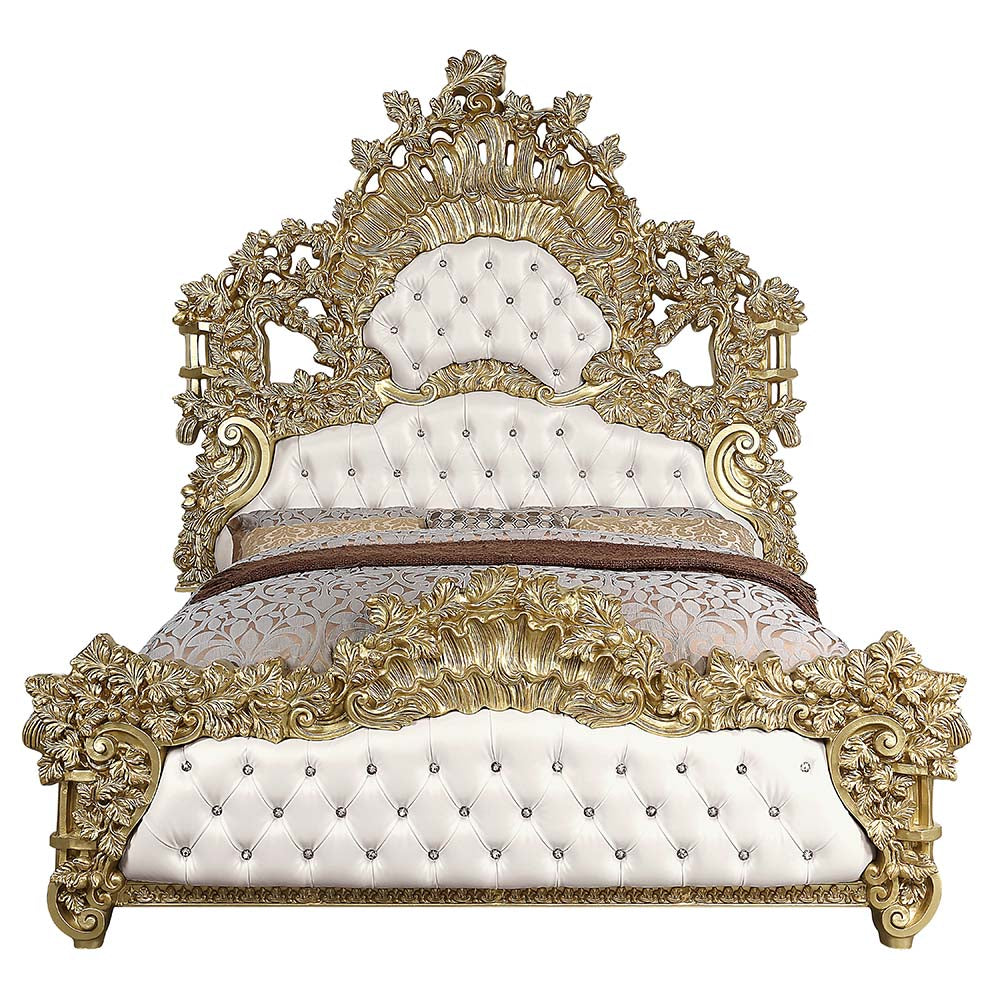 ACME Bernadette White Synthetic Leather & Gold Eastern King Bed Model BD01474EK