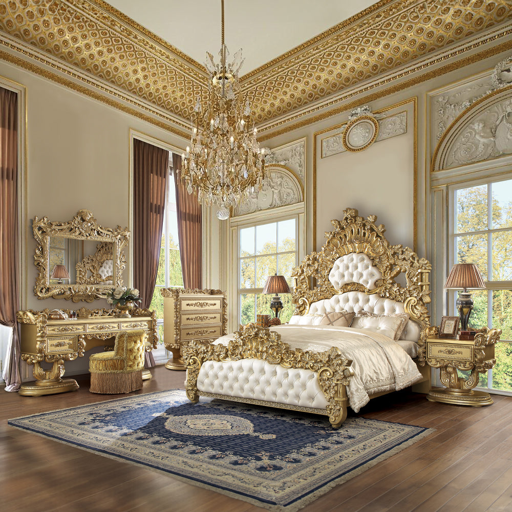 ACME Bernadette White Synthetic Leather & Gold Eastern King Bed Model BD01474EK