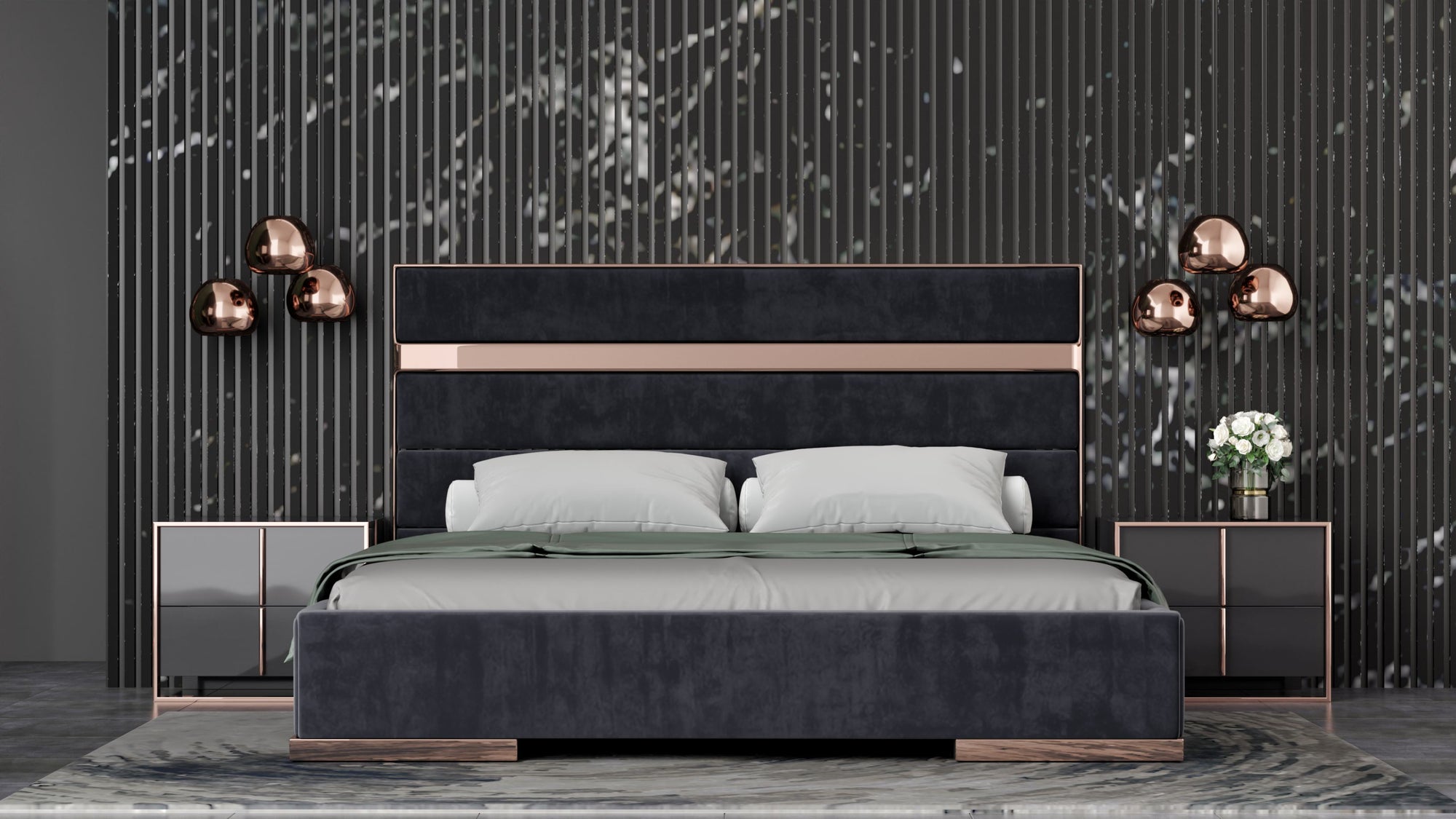 Nova Domus Cartier Eastern King Modern Black & Rose Gold Bed With Nightstands Model VGVCBD-A002-BLK-BED-2NS-SET-EK