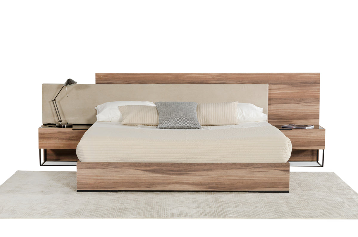 Nova Domus Matteo Italian Modern Walnut & Fabric Bed & 2 Nightstands & Dresser Set Model VGACMATTEO-BEDNSD-SET