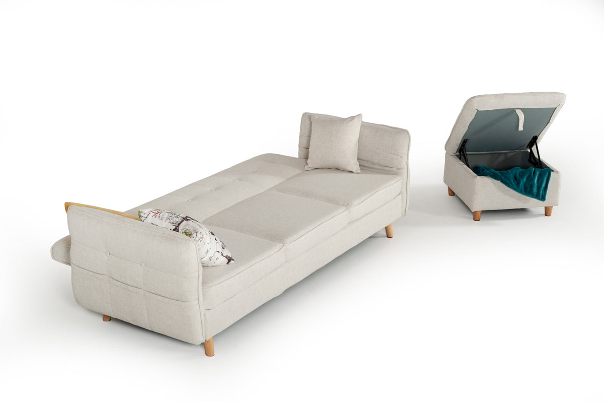 Divani Casa Jeremiah Modern Ivory Fabric Sofabed & Ottoman With Storage Model VGKNI3062-IVY