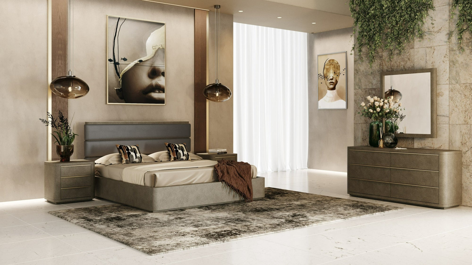 Modrest Lois Modern Grey Leather & Beige Shagreen Bedroom Set Model VGVC-BD2408-SET-EK