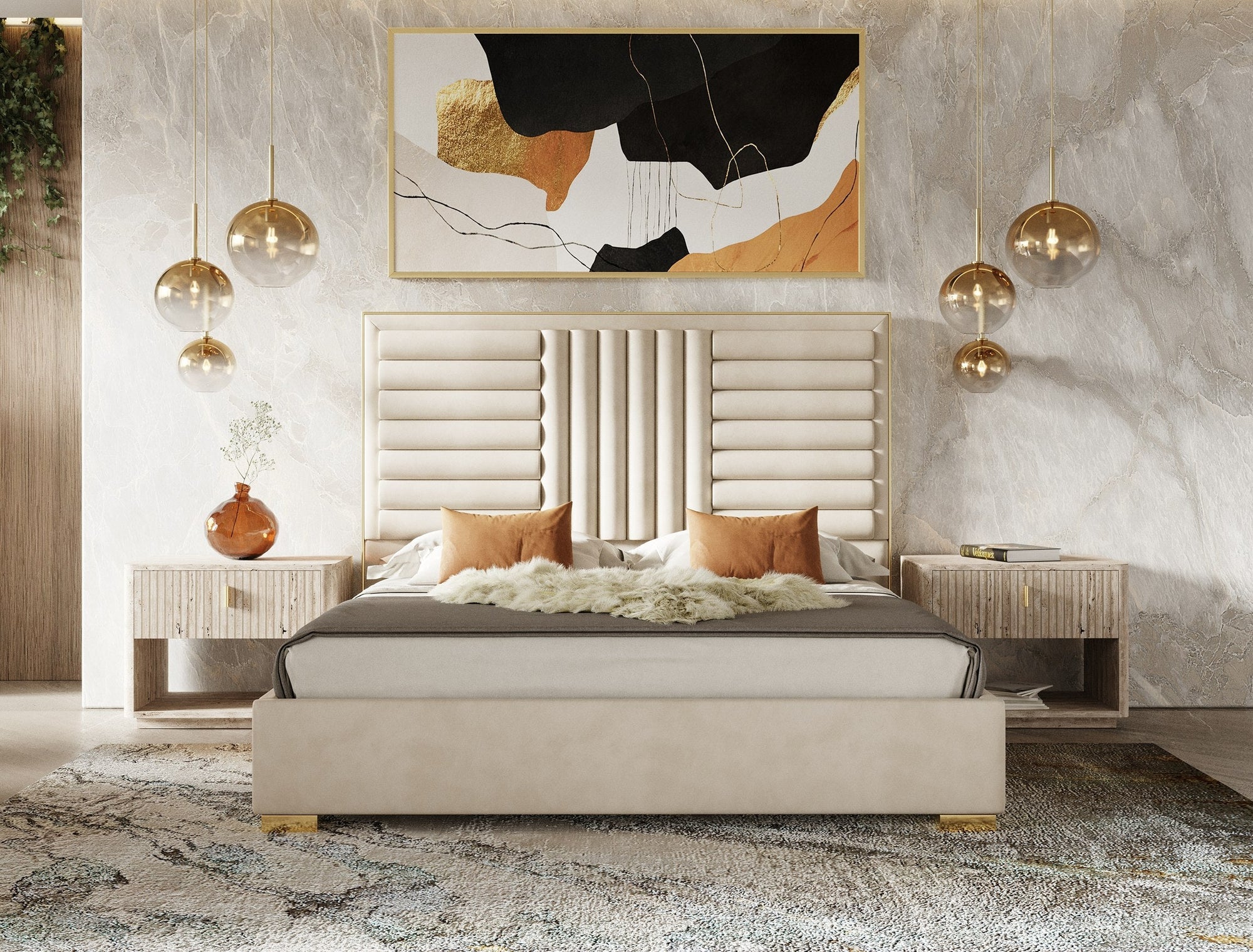 Eastern King Nova Domus Daystar & Roma Modern Beige Velvet & Travertine & Gold Bedroom Set Model VGAN-DAYSTAR-ROMA-BED-SET-EK