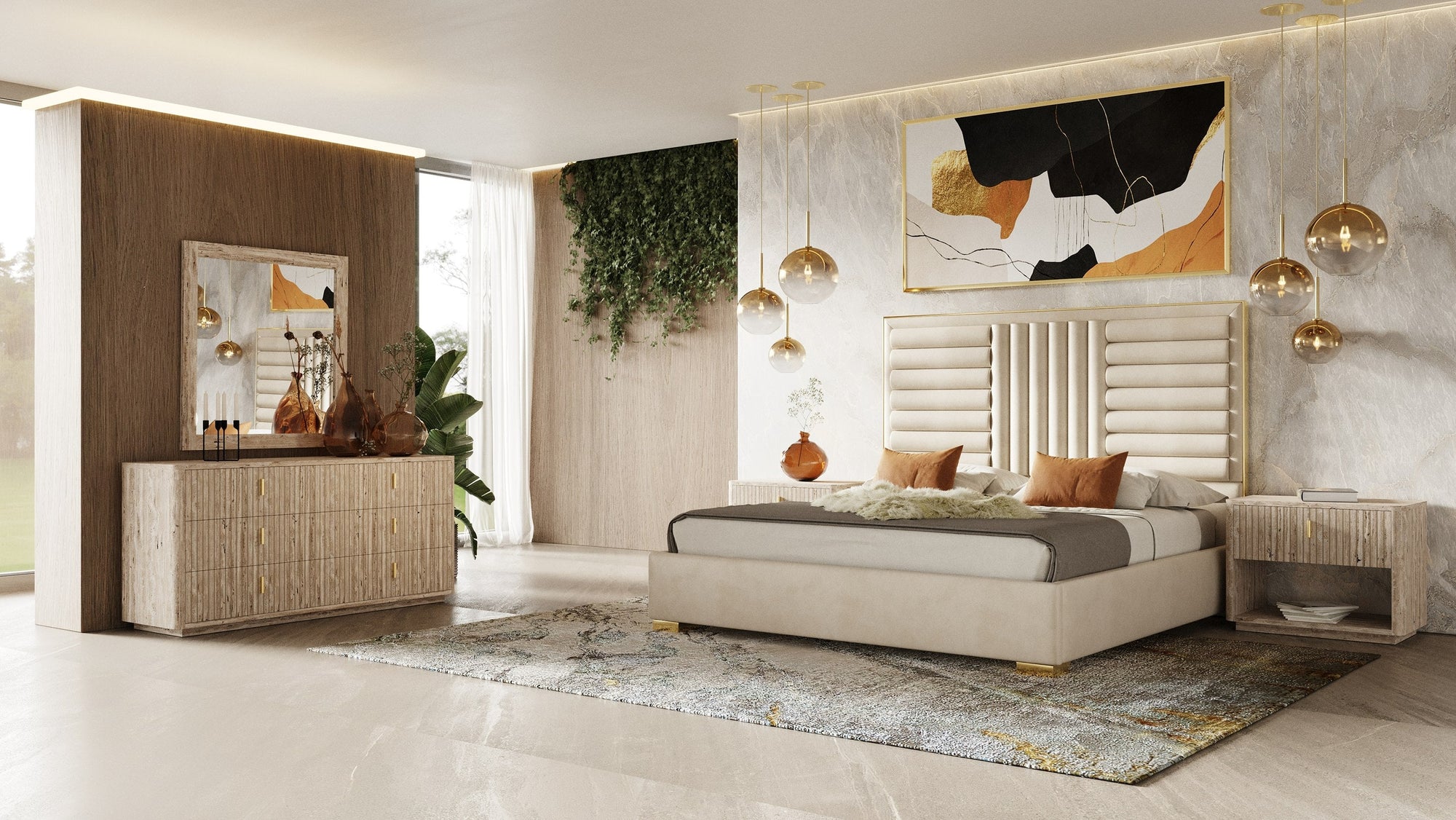 Queen Nova Domus Daystar & Roma Modern Beige Velvet & Travertine & Gold Bedroom Set Model VGAN-DAYSTAR-ROMA-BED-SET-Q