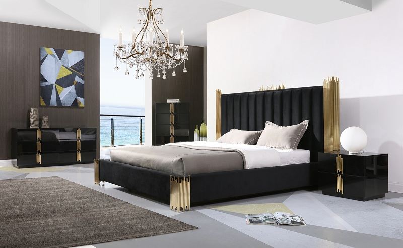 Modrest Token Eastern King Modern Black & Gold Bed With Nightstands Model VGVCBD815-BLK-BED-2NS-SET-EK