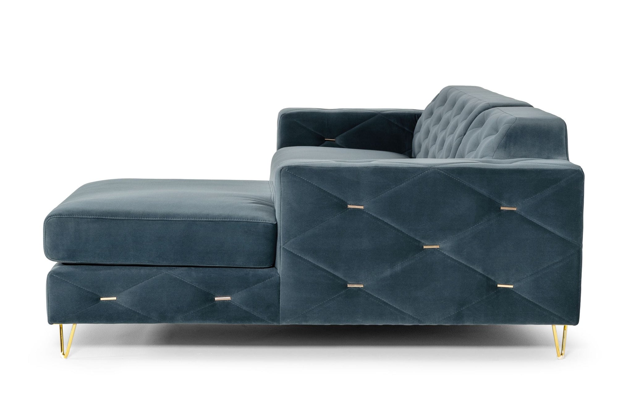 Canapé d'angle droit en velours bleu Chesterfield Divani Casa, modèle VG2T1222