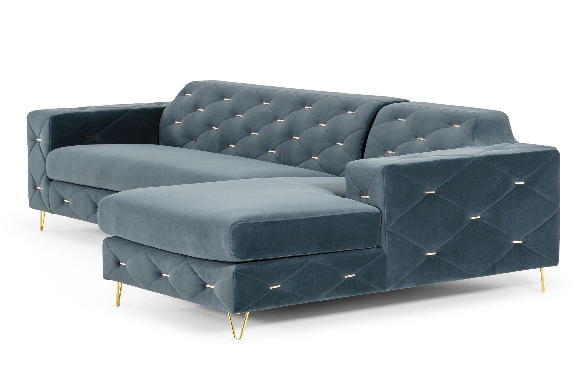 Canapé d'angle droit en velours bleu Chesterfield Divani Casa, modèle VG2T1222
