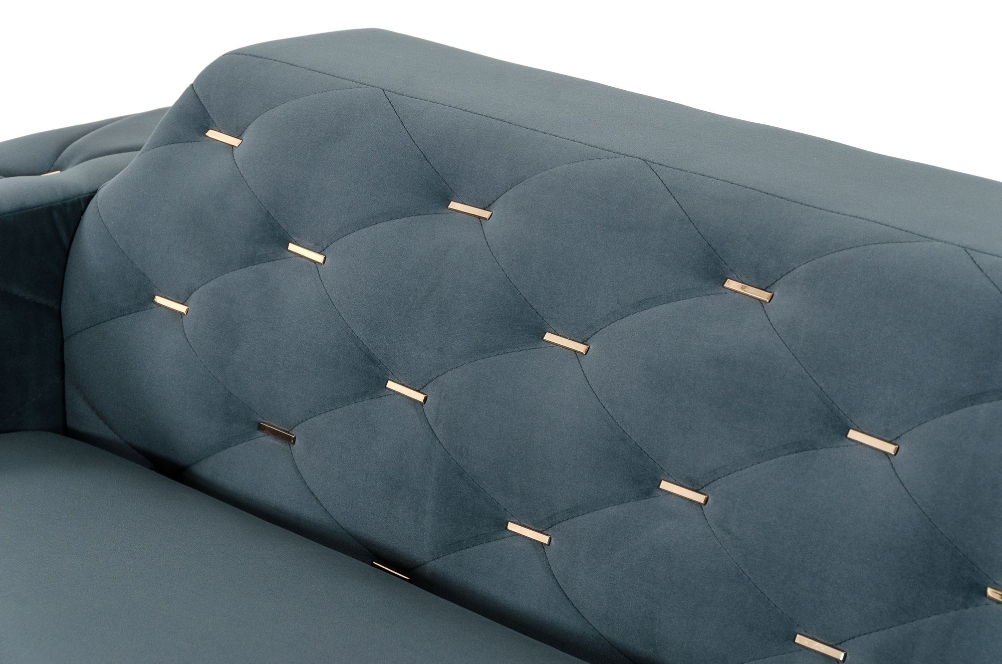 Canapé d'angle droit en velours bleu Chesterfield Divani Casa, modèle VG2T1222