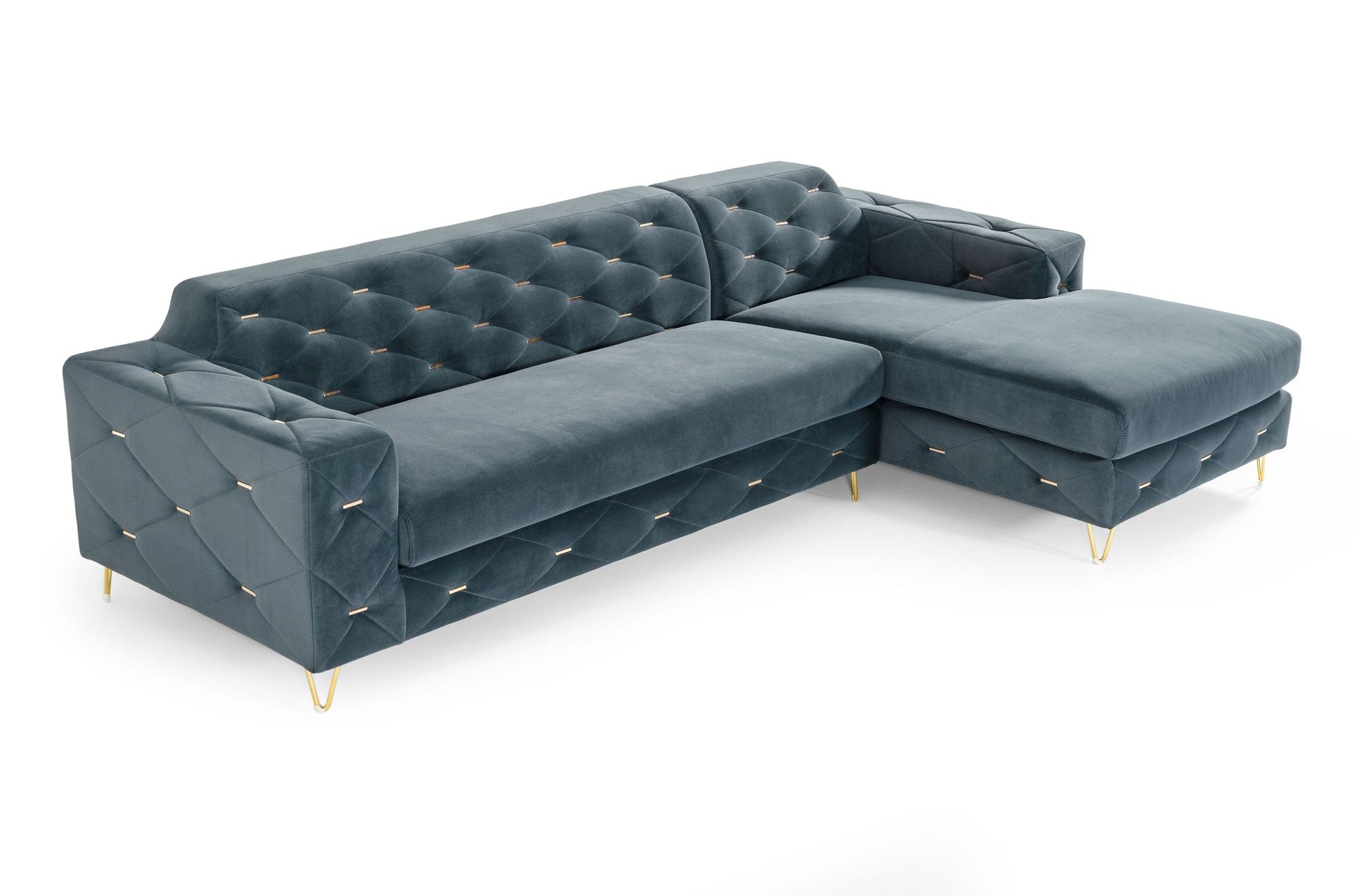 Canapé d'angle droit en velours bleu Chesterfield Divani Casa, modèle VG2T1222