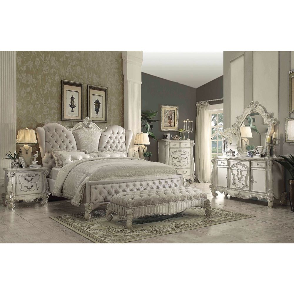 ACME Versailles Ivory Fabric & Bone White Eastern King Bed Model 21127EK