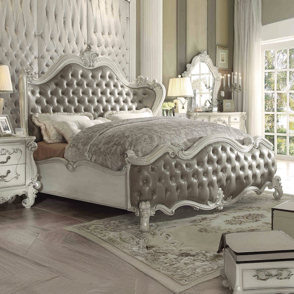 ACME Versailles Vintage Gray Synthetic Leather & Bone White California King Bed Model 21144CK