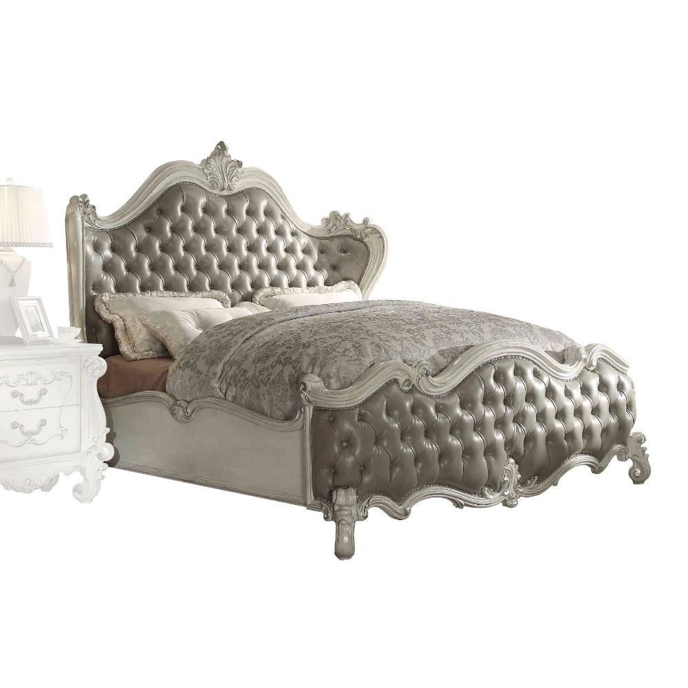 ACME Versailles Vintage Gray Synthetic Leather & Bone White Queen Bed Model 21150Q