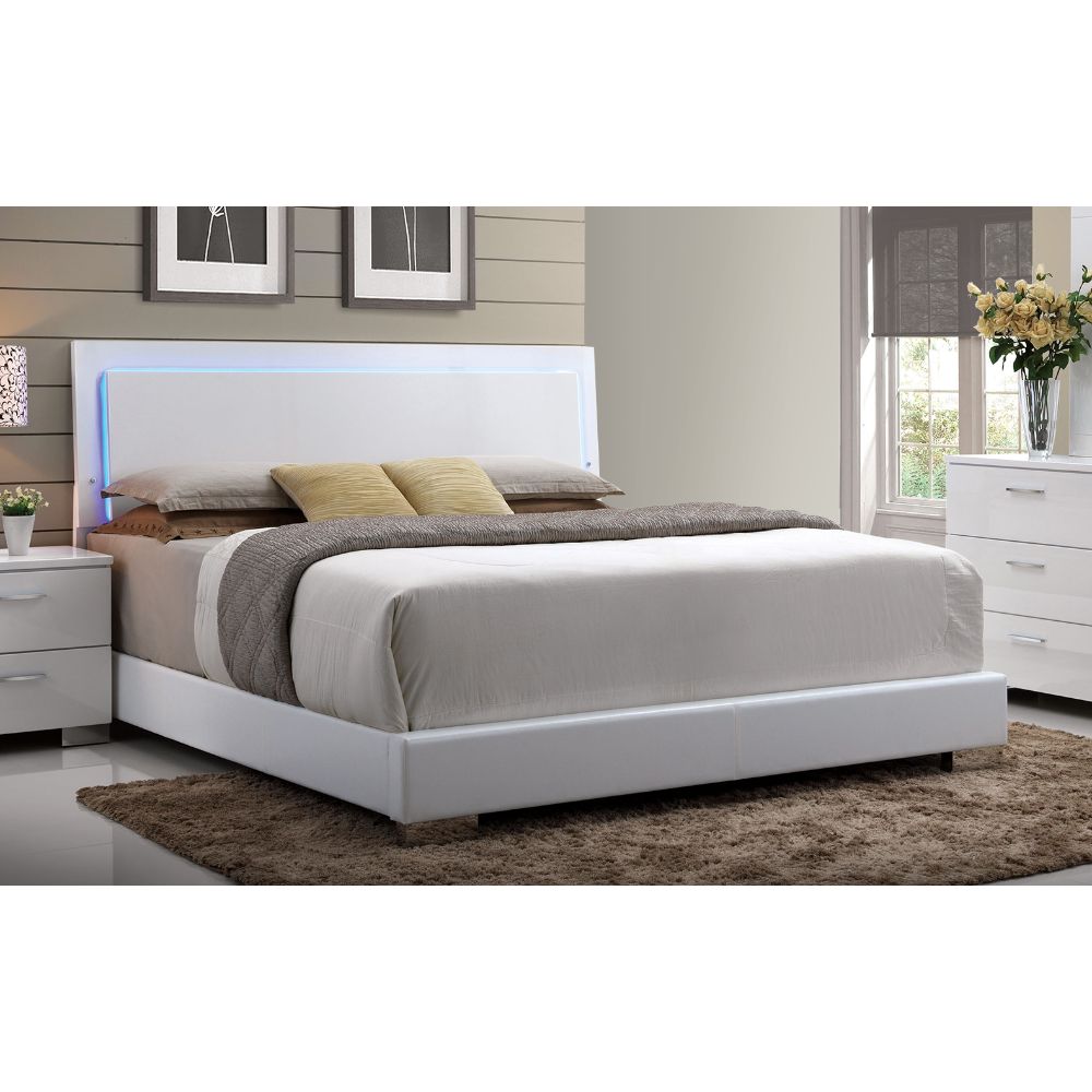 ACME Lorimar (LED) White Synthetic Leather & White Leg Eastern King Bed Model 22637EK