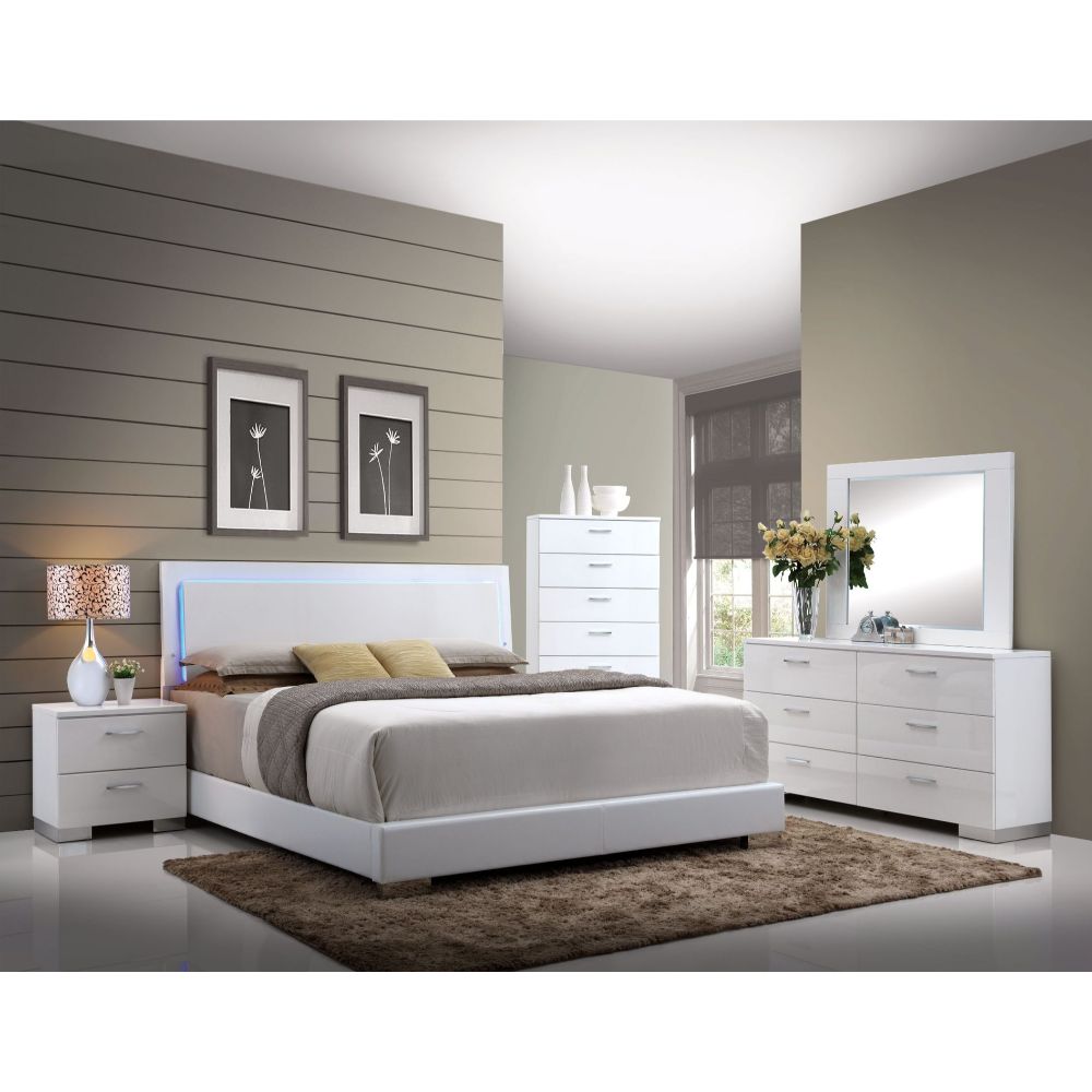 ACME Lorimar (LED) White Synthetic Leather & White Leg Queen Bed Model 22640Q